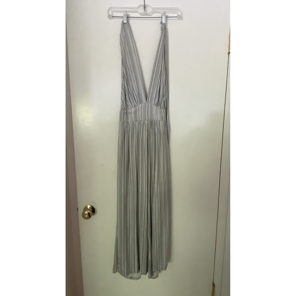 ILLA ILLA Striped Wide Leg Jumpsuit S Gray White Boho‎ Open Back Halter Smocked